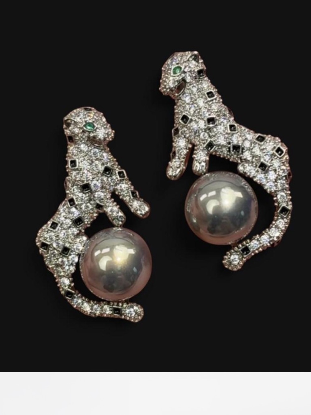 Crystal Panther Pearl Drop Earrings - Silver & Black